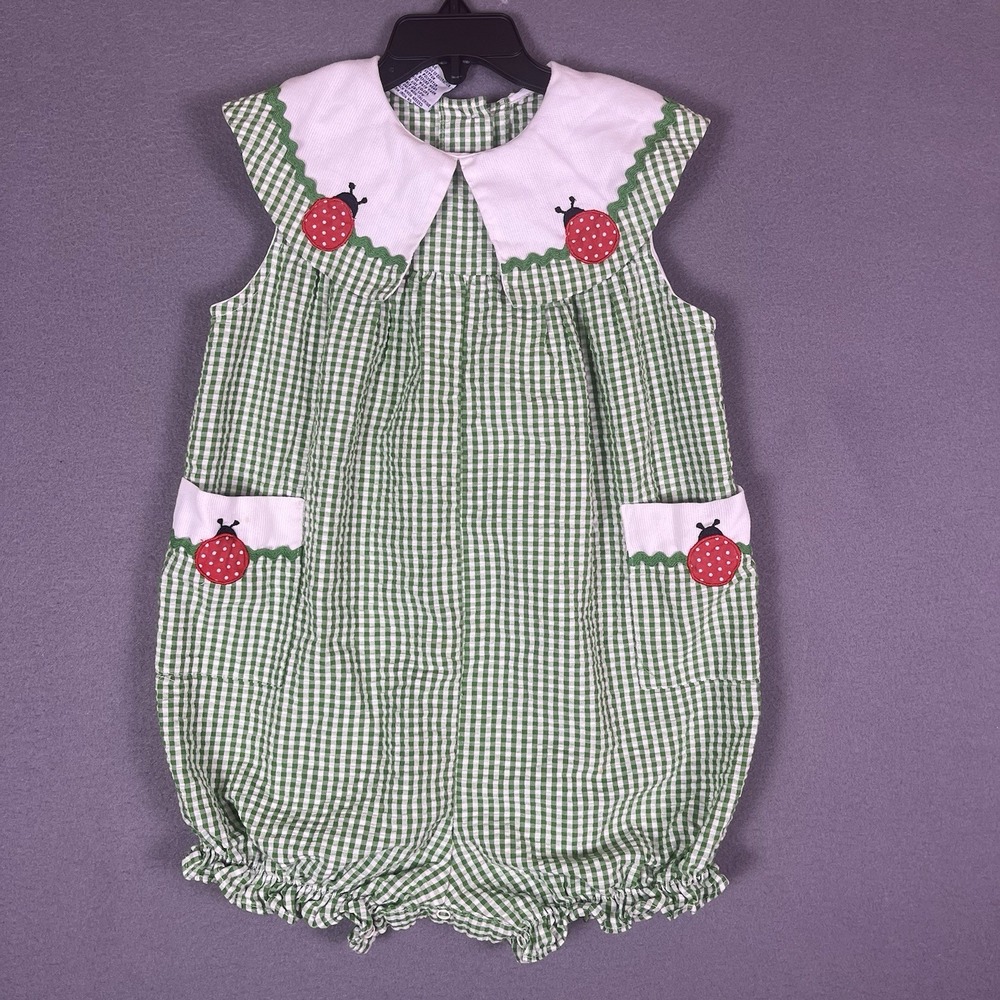 Vintage Samara Girls Green Gingham Ladybug Bubble Toddler Girls 4T